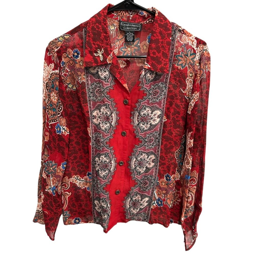 Vintage Carol Anderson Collection Red Paisley Floral Button-Up Blouse Sz Large